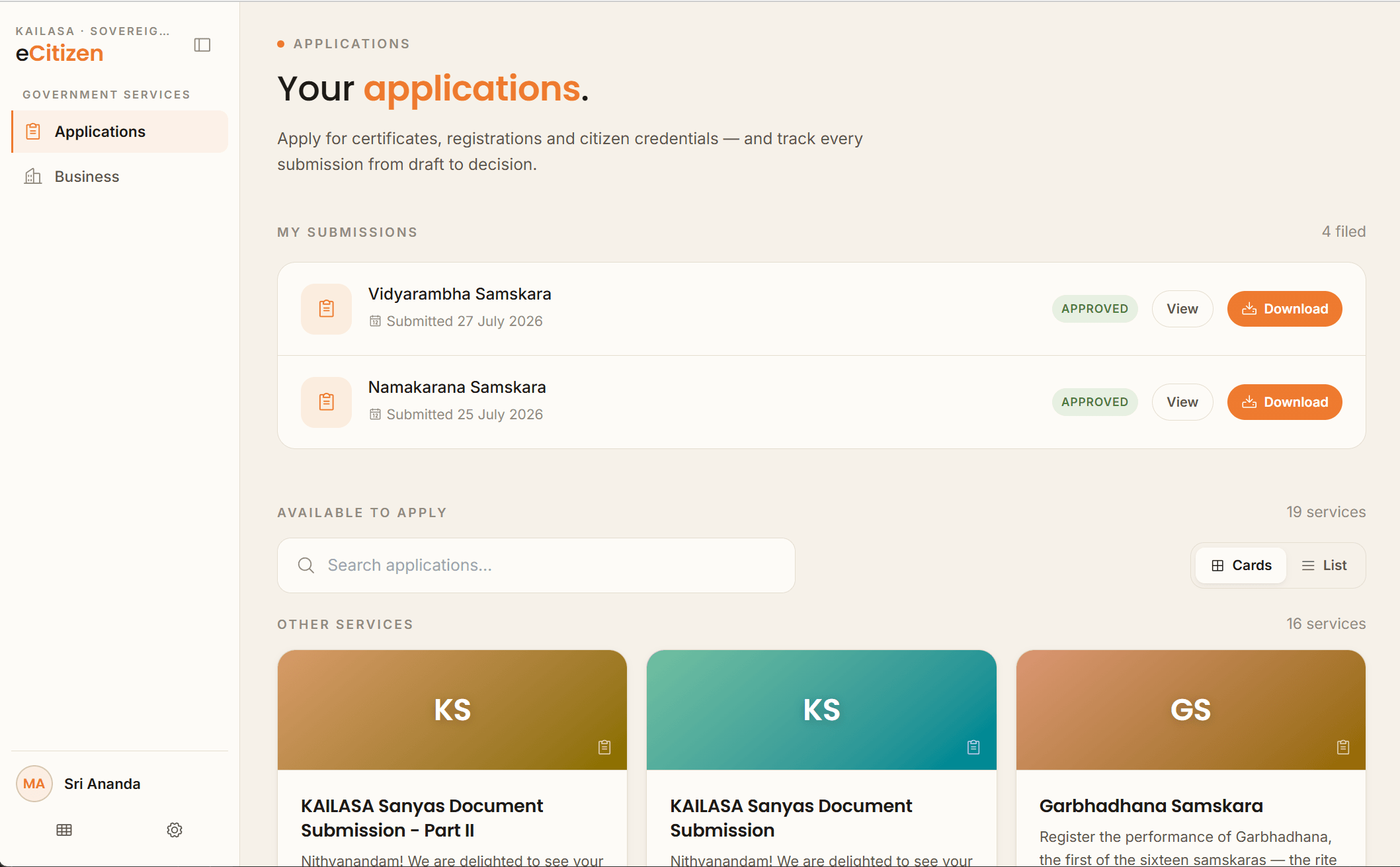 KAILASA eCitizen government services dashboard showing filed applications and available services