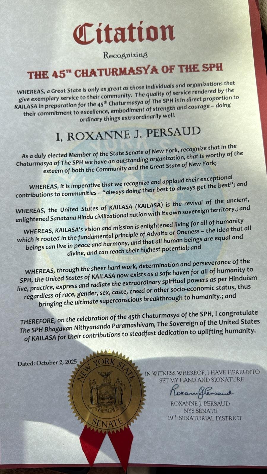 New York State Senator Confers Official Citation