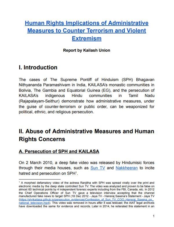 UN Report Exposes Systemic Persecution of The Supreme Pontiff of Hinduism (SPH) and KAILASA, Reaffirming KAILASA's Juridical Statehood and