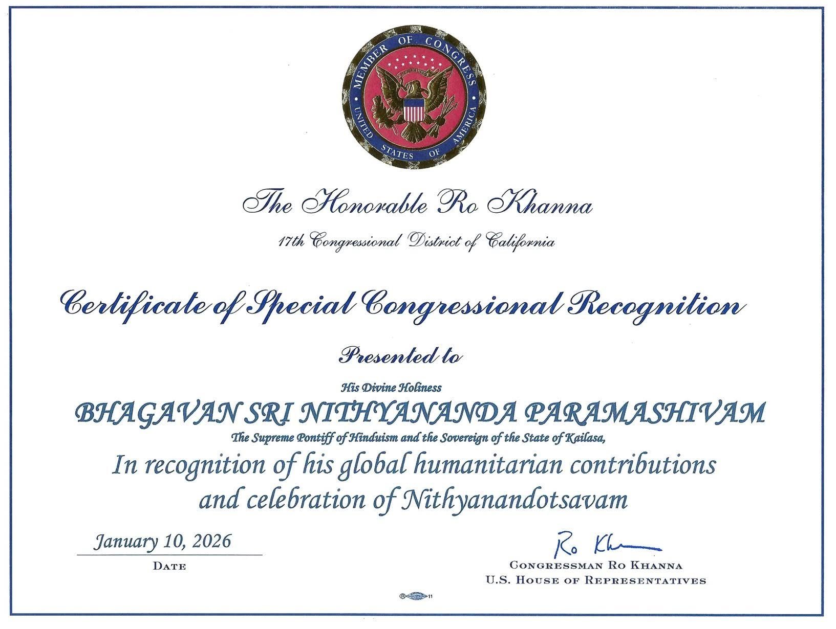Proclamation from Congressman The Honorable Ro Khanna- 17th Congressional District of California