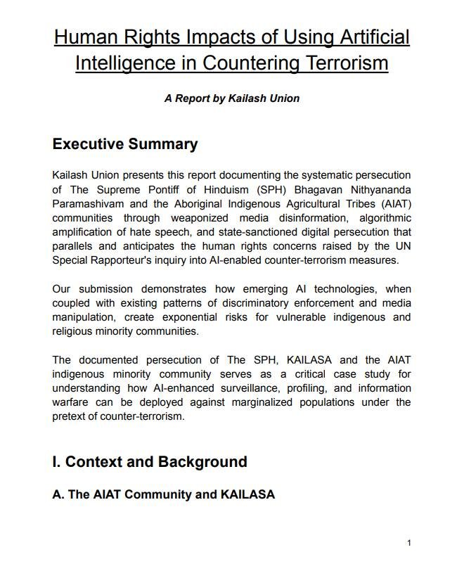 United Nations Publishes 30th Report Submitted by KAILASA: Documenting AI-Enabled Persecution and Presenting Revolutionary Vision for